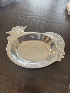 Decorative Rooster Dish - Silver Pewter Metal